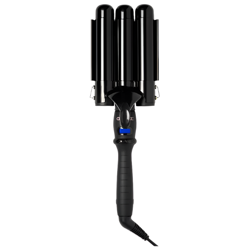 The Amika High Tide Deep Waver Jumbo, a black triple-barrel curling iron with ceramic tourmaline technology and a digital temperature display, features convenient control buttons on the handle—making it the ideal professional-grade styling tool for achieving effortless beachy waves.