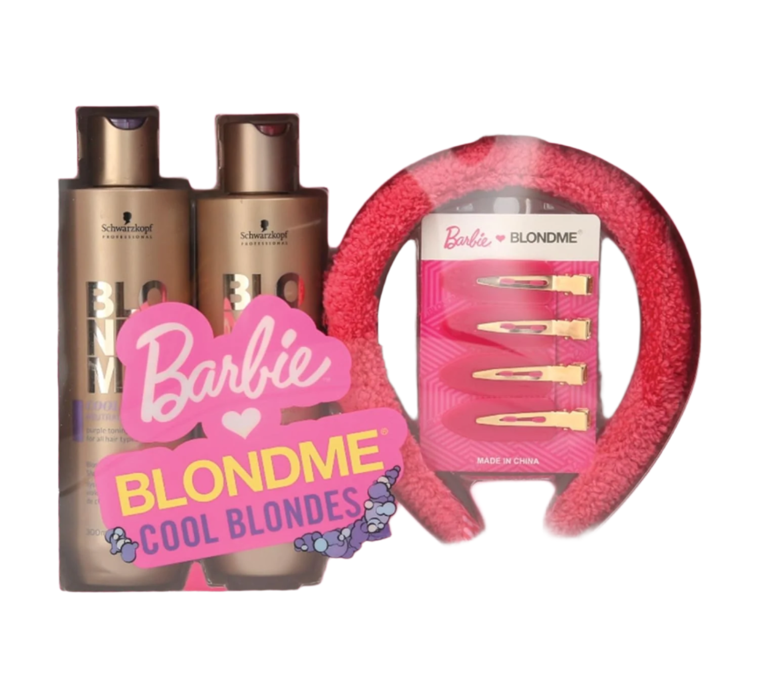 A gift set titled BLONDME x BARBIE™ Home Spa Collection features vibrant packaging, complete with purple shampoo bottles and a matching set of headband and hair clips. The design prominently showcases the Barbie branding.