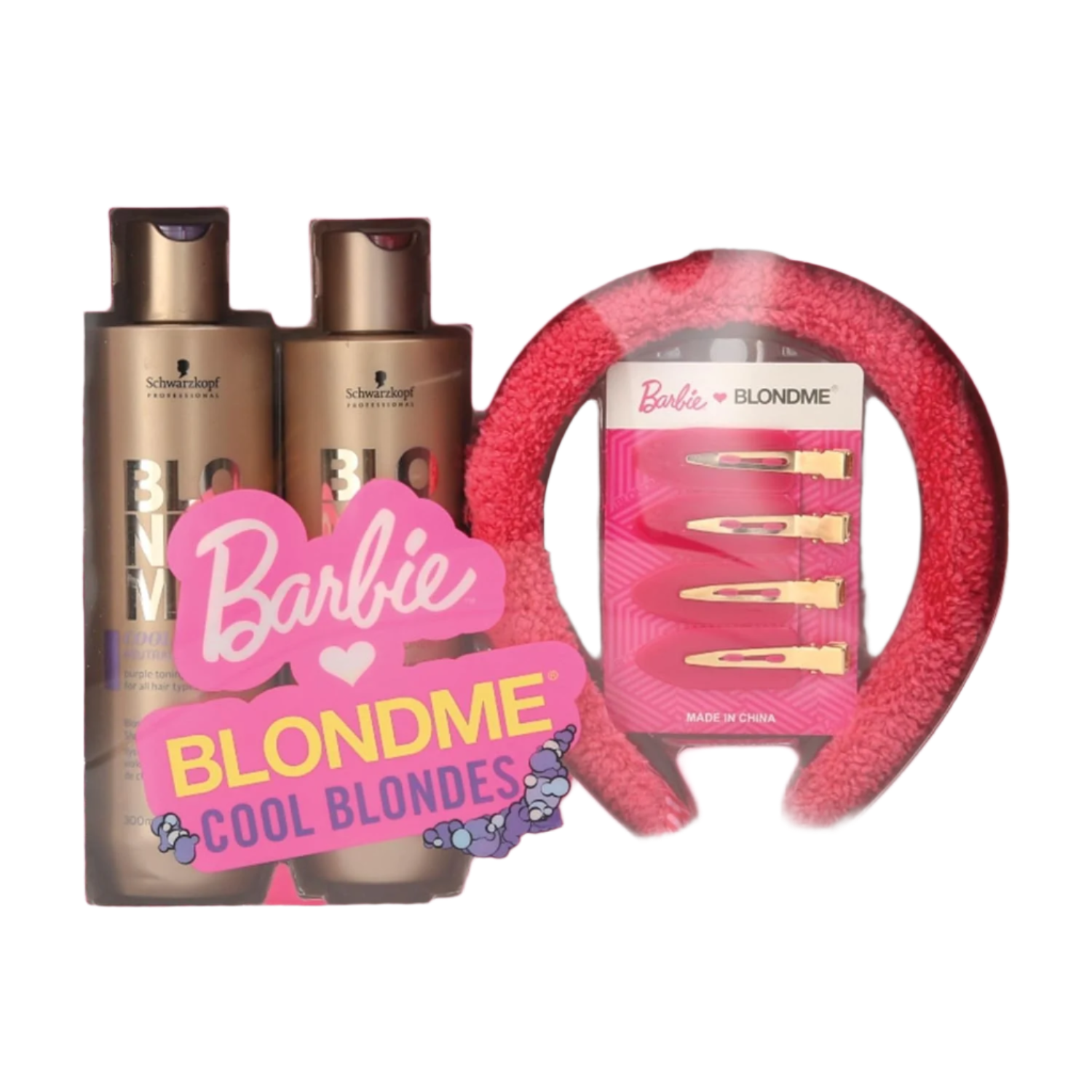 A gift set titled BLONDME x BARBIE™ Home Spa Collection features vibrant packaging, complete with purple shampoo bottles and a matching set of headband and hair clips. The design prominently showcases the Barbie branding.