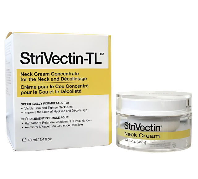 The packaging of StriVectin Neck Cream - 1.4oz highlights its firming benefits for sagging skin with advanced NIA-114™ technology. A jar of the cream is elegantly displayed on a white background, emphasizing its role in tightening neck skin.