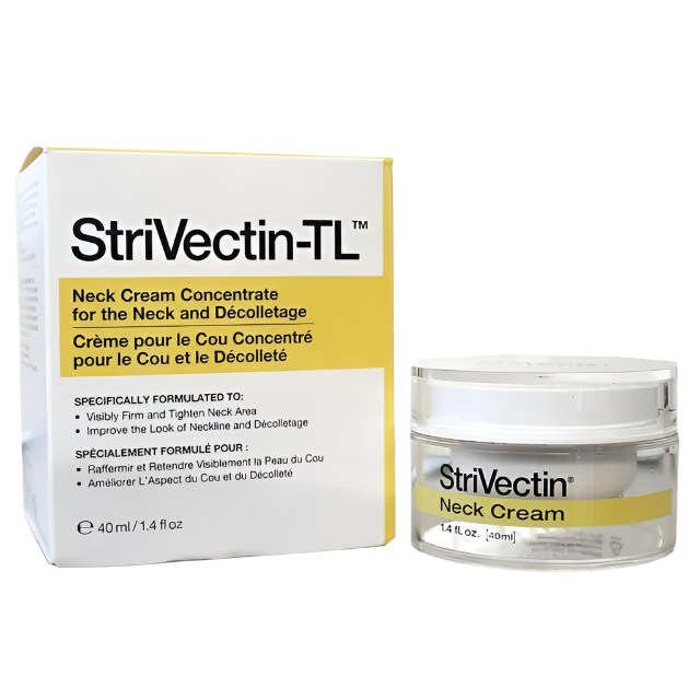 The packaging of StriVectin Neck Cream - 1.4oz highlights its firming benefits for sagging skin with advanced NIA-114™ technology. A jar of the cream is elegantly displayed on a white background, emphasizing its role in tightening neck skin.